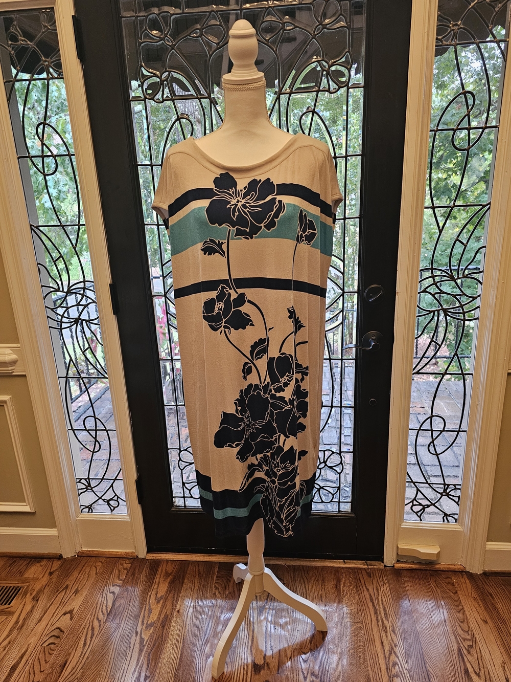Chico's Neutral Beige Dress with Teal and Navy Floral Stripes